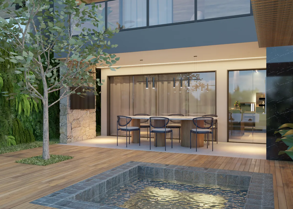 Imagem 3D de casa de dois pavimentos com piscina, deck de madeira e área gourmet aberta