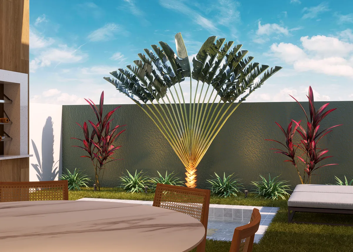 Imagem 3D de área gourmet ao ar livre com mesa redonda sob palmeira e muro de pedra