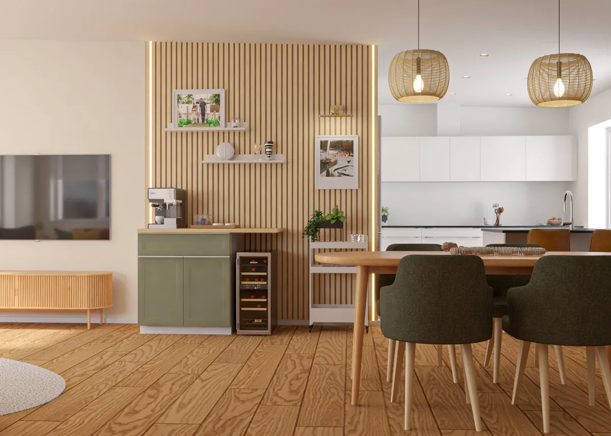 Imagem 3D de cozinha integrada à sala de jantar, com piso de madeira e cadeiras verdes