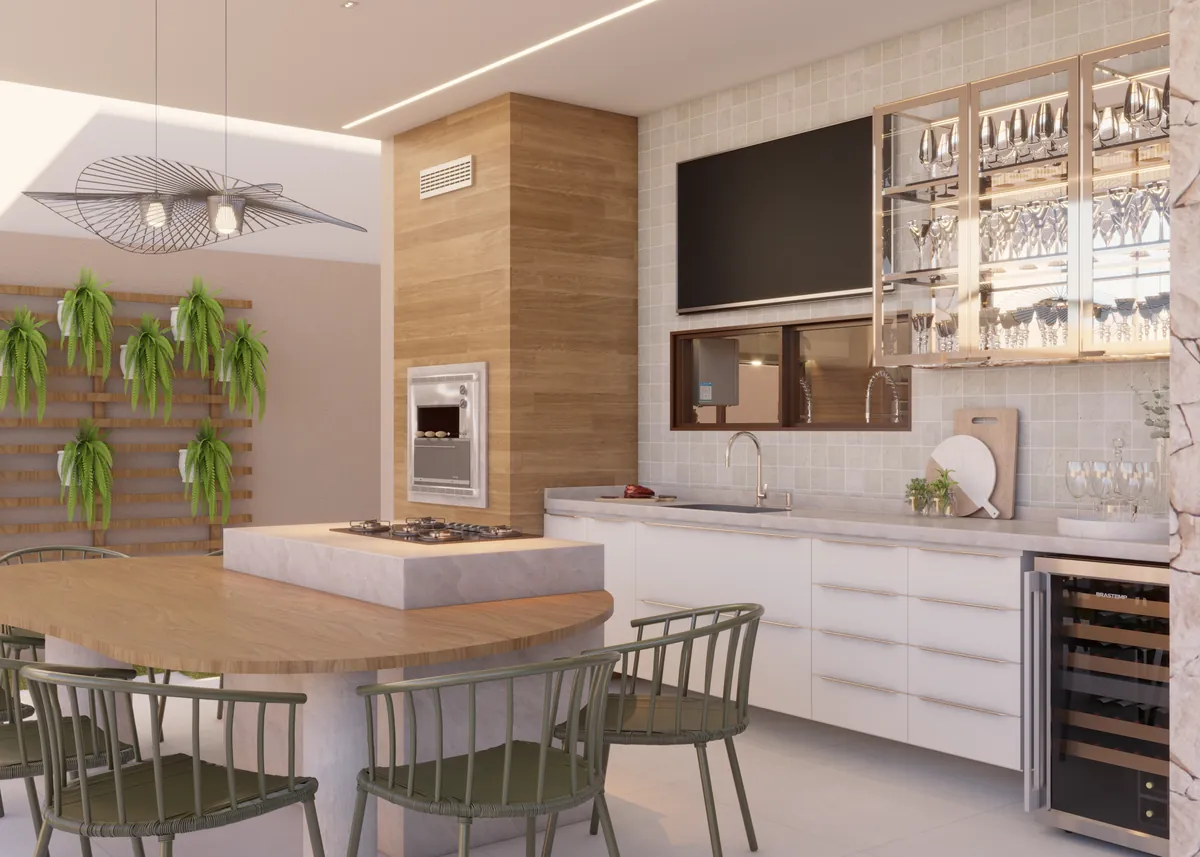 Imagem 3D de área gourmet com bancada de madeira, parede de pedra e cadeiras verdes
