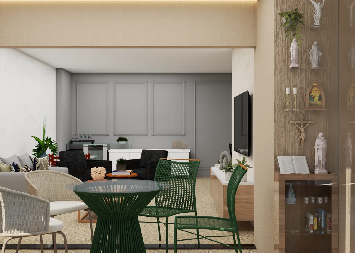 Imagem 3D de estar com mesa de jantar verde, poltronas e coluna com nichos iluminados