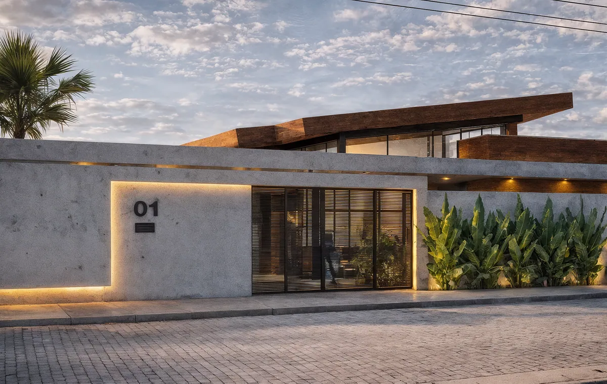 Imagem 3D de casa térrea com fachada em concreto, número 01 iluminado e jardim, ao entardecer
