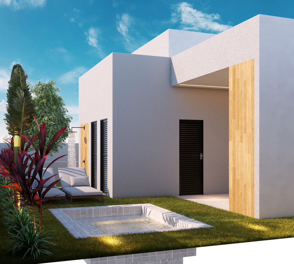 Imagem 3D de casa branca com volumes em madeira e piscina no quintal
