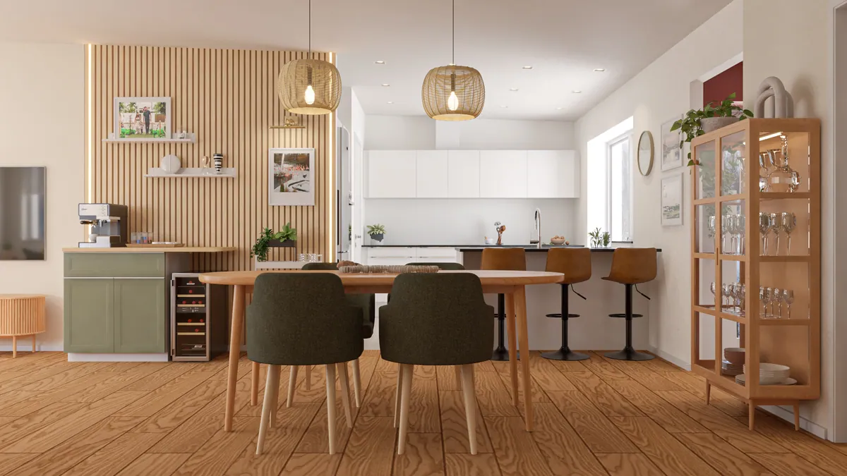 Imagem 3D de sala de jantar integrada à cozinha, com piso de madeira, painel ripado e pendentes de palha