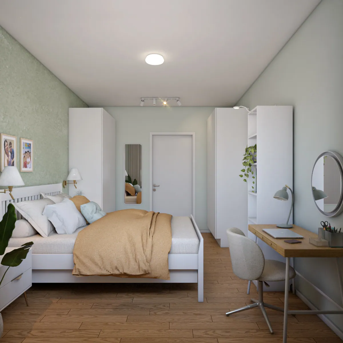 Imagem 3D de suíte com parede verde-menta, cama com manta caramelo e escrivaninha junto à janela
